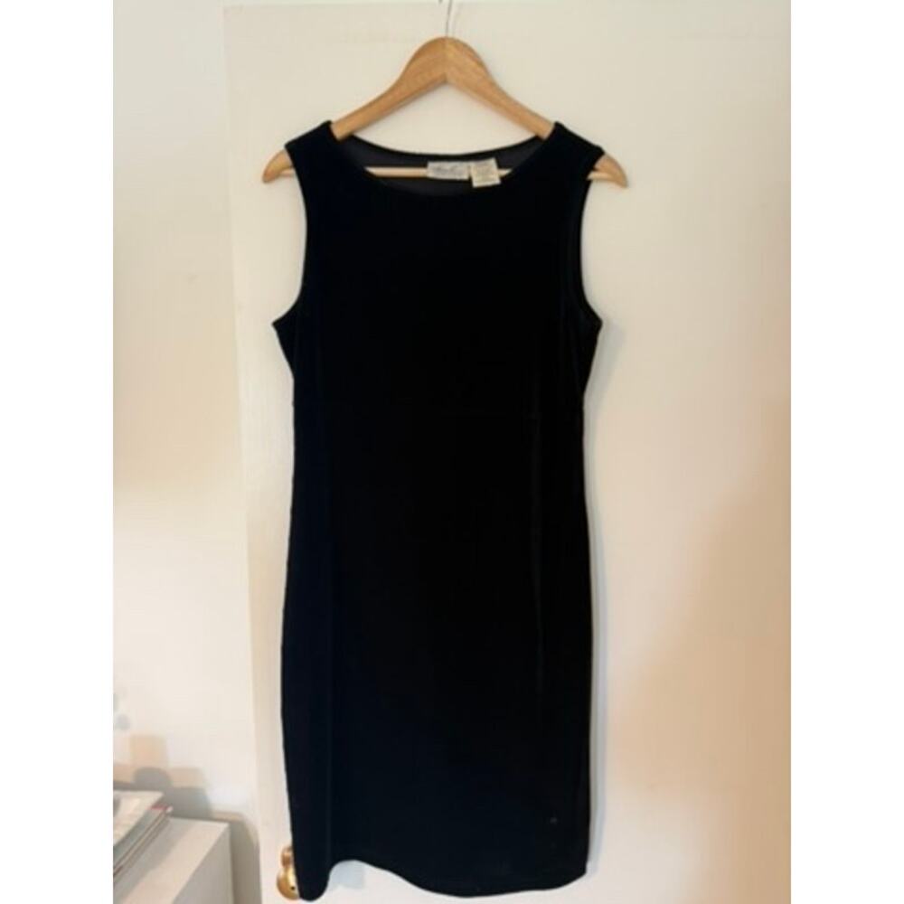 Vintage Black Velvet Sleeveless Dress Minimal 90s Midi Slip‎ Style ✨